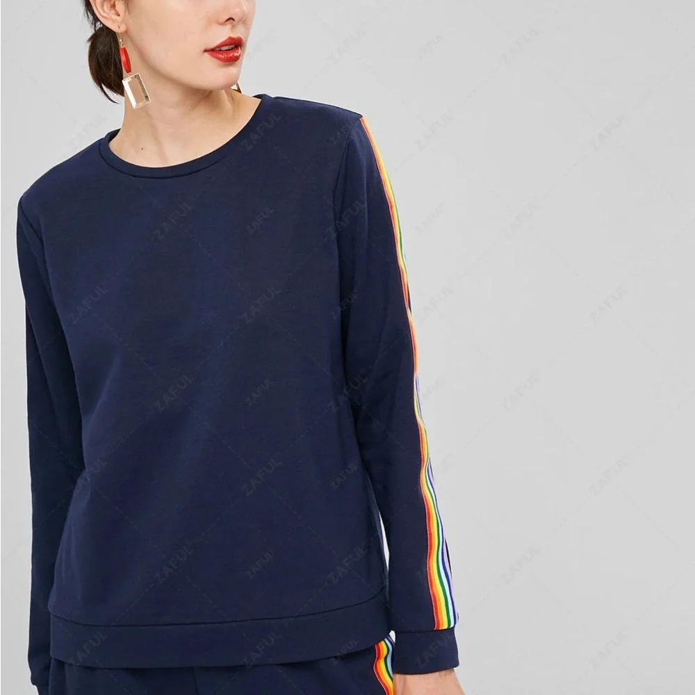 Navy Blue Pullover Sweatshirt with Rainbow Striped Ribbon Panels on the Arms NWT - Picture 3 of 14